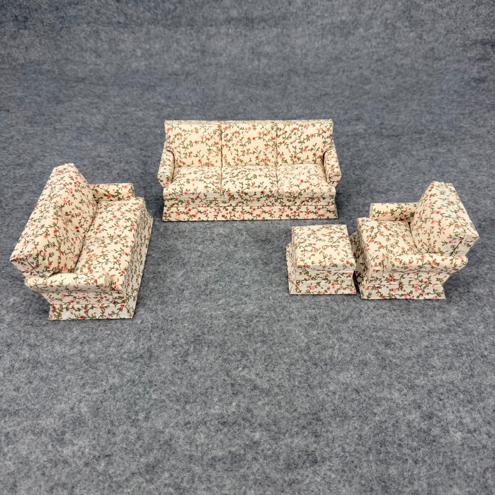 Miniature Dollhouse Floral Living Room Furniture Set Sofa Chairs Ottoman 4 Pc